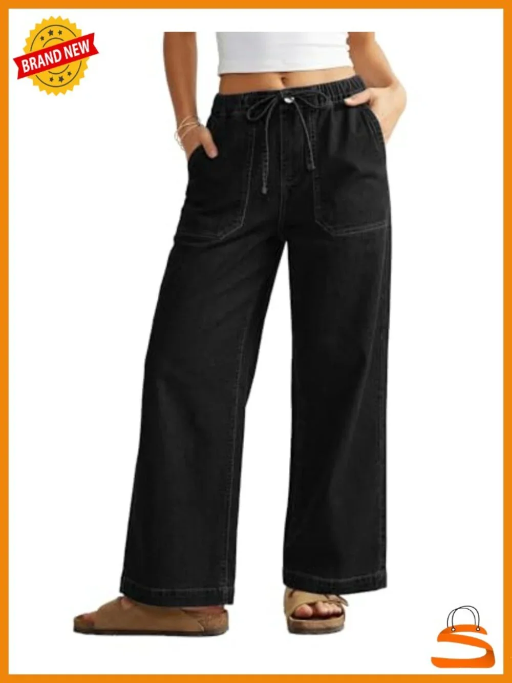 Wide Leg Drawstring Tie Elastic Waist Stretchy Denim High Waisted Jeans Trouser